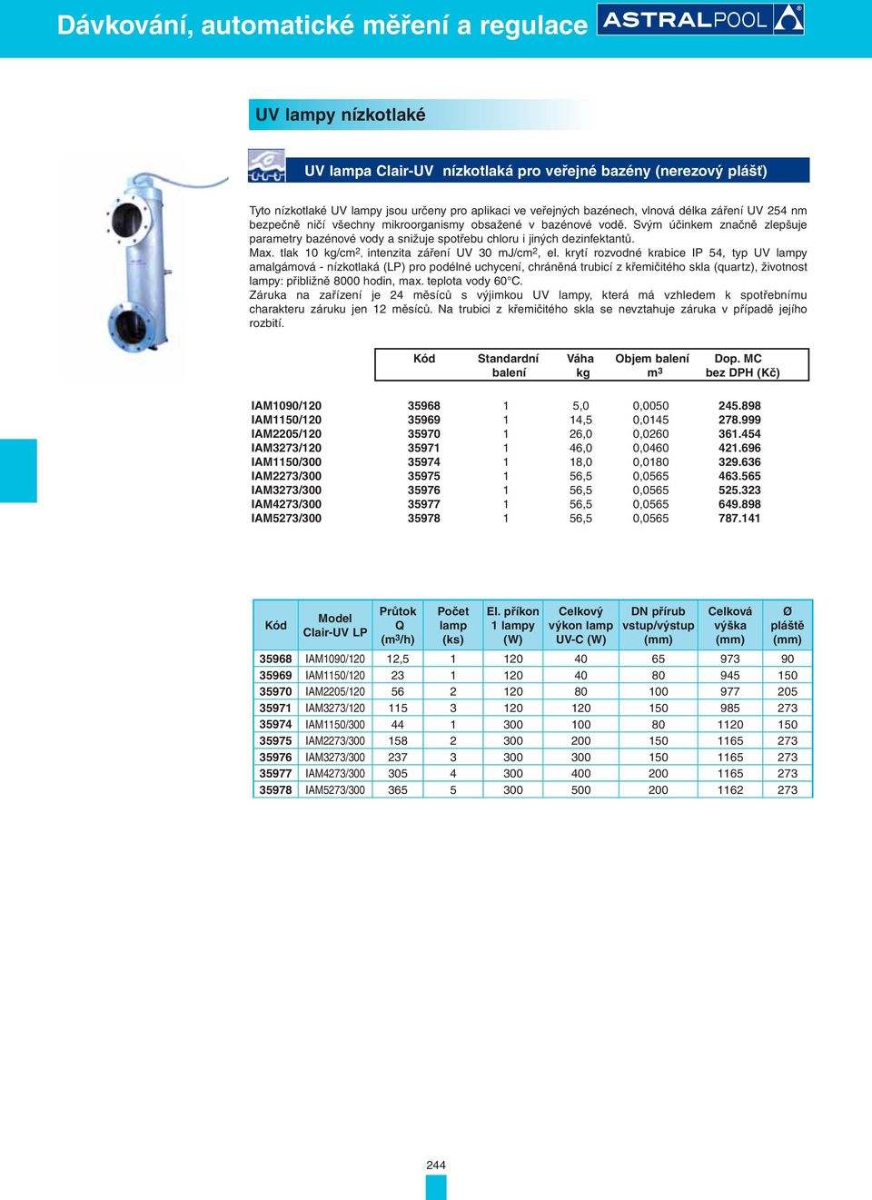 tlak 10 kg/cm 2, intenzita záření UV 30 mj/cm 2, el.
