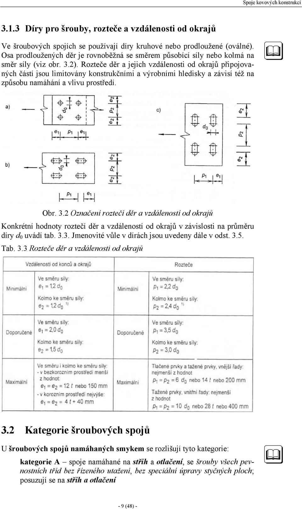 Rozteče děr a jejich vzdálenosti od okrajů připojovaných částí jsou limitovány konstrukčními a výrobními hledisky a závisí též na způsobu namáhání a vlivu prostředí. Obr. 3.