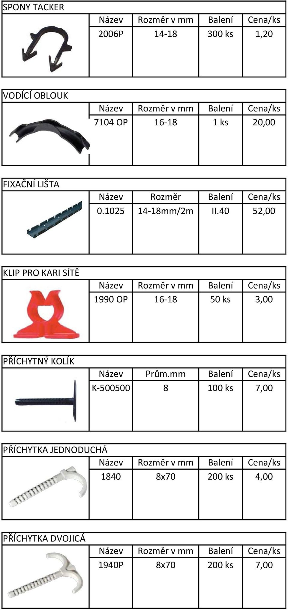 40 52,00 KLIP PRO KARI SÍTĚ Název Rozměr v mm Balení Cena/ks 1990 OP 16-18 50 ks 3,00 PŘÍCHYTNÝ KOLÍK Název Prům.