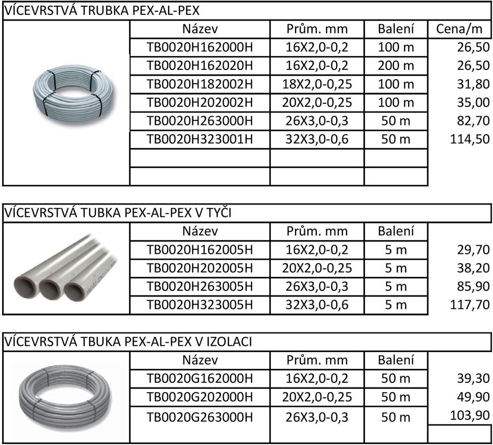 35,00 TB0020H263000H 26X3,0-0,3 50 m 82,70 TB0020H323001H 32X3,0-0,6 50 m 114,50 VÍCEVRSTVÁ TUBKA PEX-AL-PEX V TYČI Název Prům.