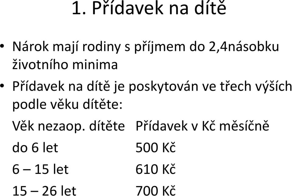 ve třech výších podle věku dítěte: Věk nezaop.