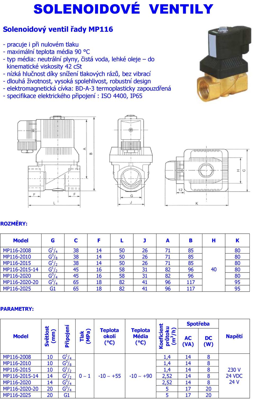 4400, IP65 ROZMĚRY: G C F L J A B H K MP116-2008 G 1 / 4 38 14 50 26 71 85 80 MP116-2010 G 3 / 8 38 14 50 26 71 85 80 MP116-2015 G 1 / 2 38 14 50 26 71 85 80 MP116-2015-14 G 1 / 2 45 16 58 31 82 96