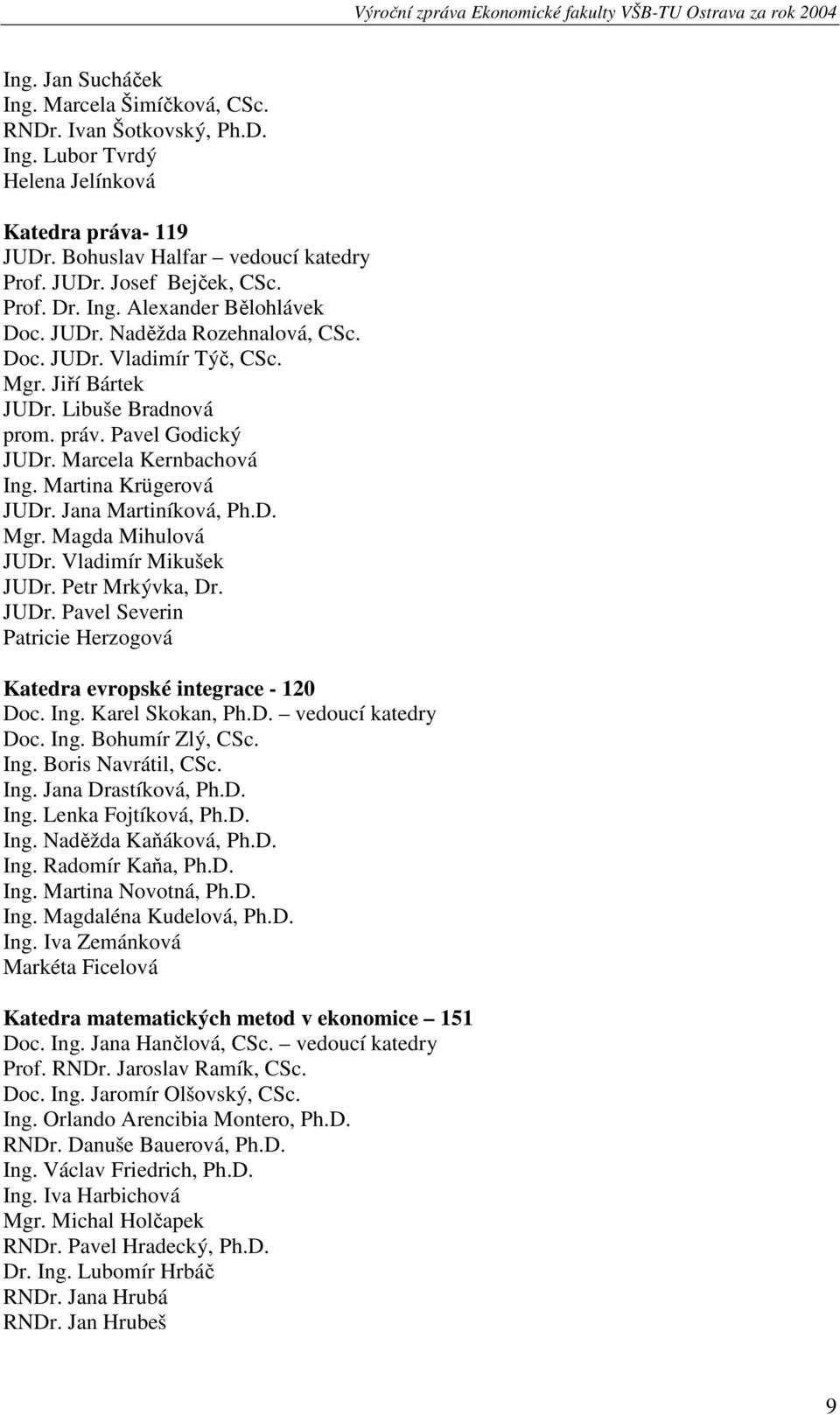 Martina Krügerová JUDr. Jana Martiníková, Ph.D. Mgr. Magda Mihulová JUDr. Vladimír Mikušek JUDr. Petr Mrkývka, Dr. JUDr. Pavel Severin Patricie Herzogová Katedra evropské integrace - 120 Doc. Ing.
