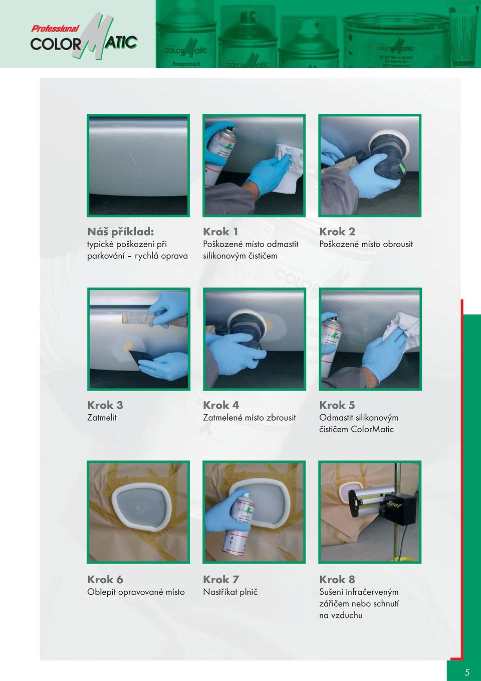 Zatmelené místo zbrousit Krok 5 Odmastit silikonovým èistièem ColorMatic Krok 6 Oblepit