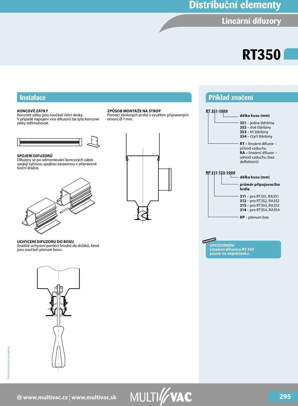 RT 351-1000 délka kusu (mm) 351 jedna štěrbina 352 dvě štěrbiny 353 tři štěrbiny 354 čtyři štěrbiny spojení difuzorů Difuzory se po odmontování koncových zátek spojují tyčovou spojkou zasazenou v