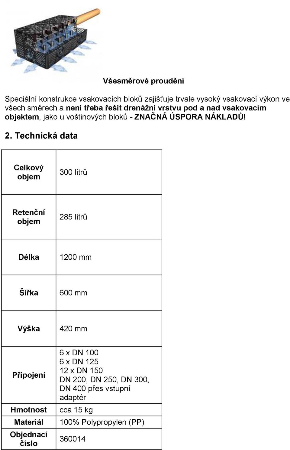 Technická data Celkový objem 300 litrů Retenční objem 285 litrů Délka 1200 mm Šířka 600 mm Výška 420 mm Připojení Hmotnost