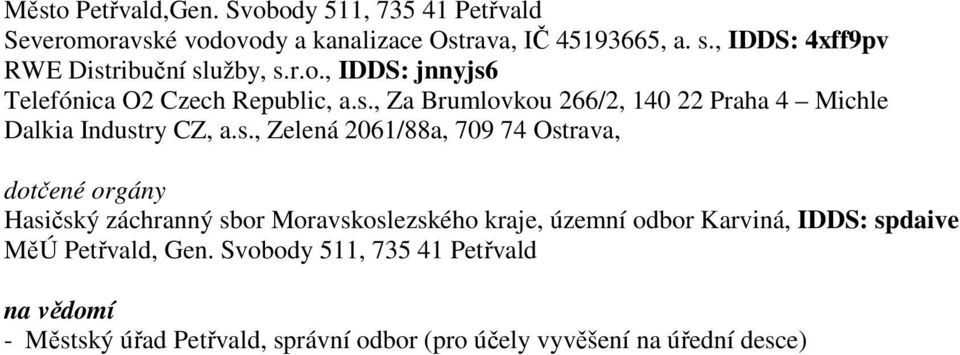 s., Zelená 2061/88a, 709 74 Ostrava, dotčené orgány Hasičský záchranný sbor Moravskoslezského kraje, územní odbor Karviná, IDDS: spdaive