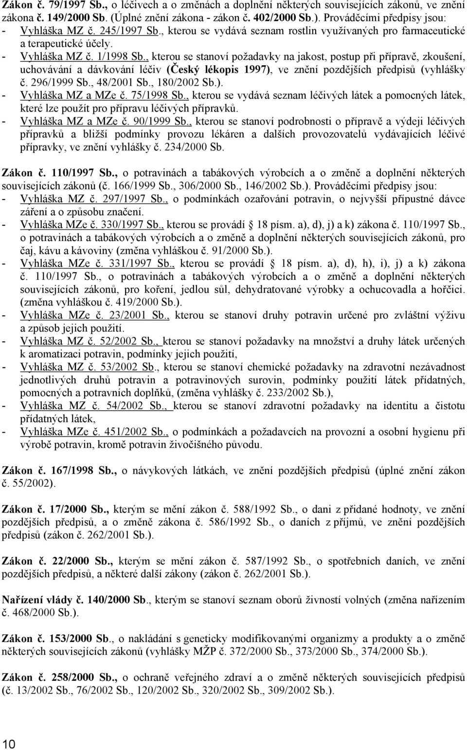 , kterou se stanoví požadavky na jakost, postup při přípravě, zkoušení, uchovávání a dávkování léčiv (Český lékopis 1997), ve znění pozdějších předpisů (vyhlášky č. 296/1999 Sb., 48/2001 Sb.