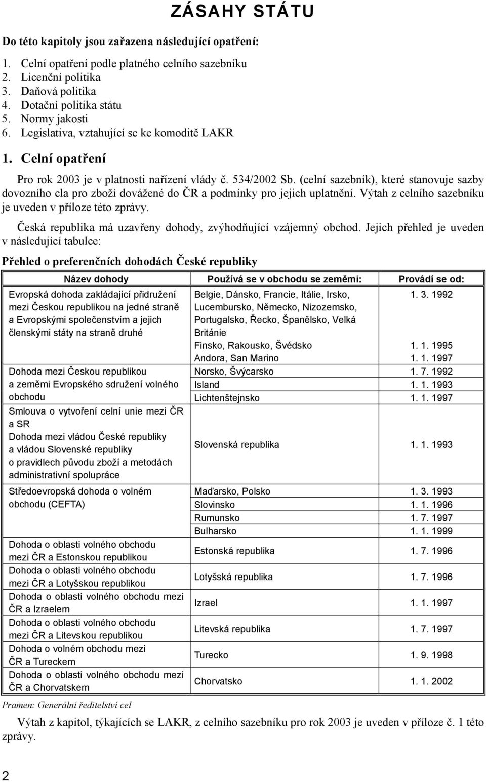 (celní sazebník), které stanovuje sazby dovozního cla pro zboží dovážené do ČR a podmínky pro jejich uplatnění. Výtah z celního sazebníku je uveden v příloze této zprávy.