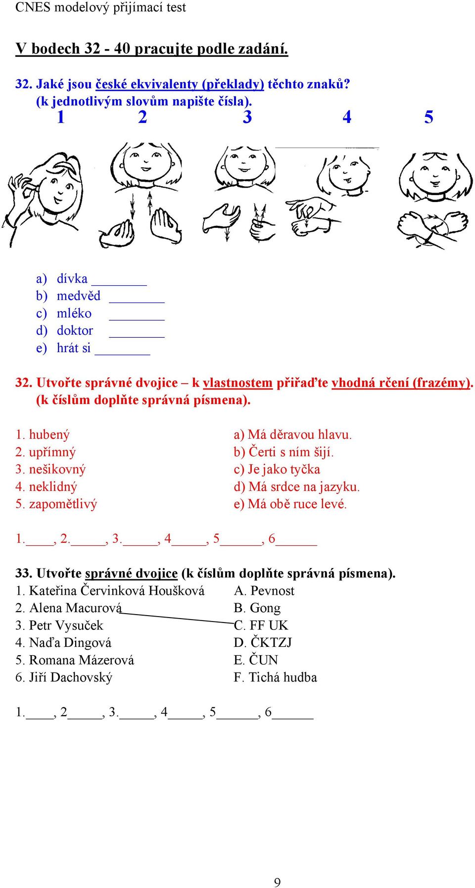 hubený a) Má děravou hlavu. 2. upřímný b) Čerti s ním šijí. 3. nešikovný c) Je jako tyčka 4. neklidný d) Má srdce na jazyku. 5. zapomětlivý e) Má obě ruce levé. 1., 2., 3., 4, 5, 6 33.