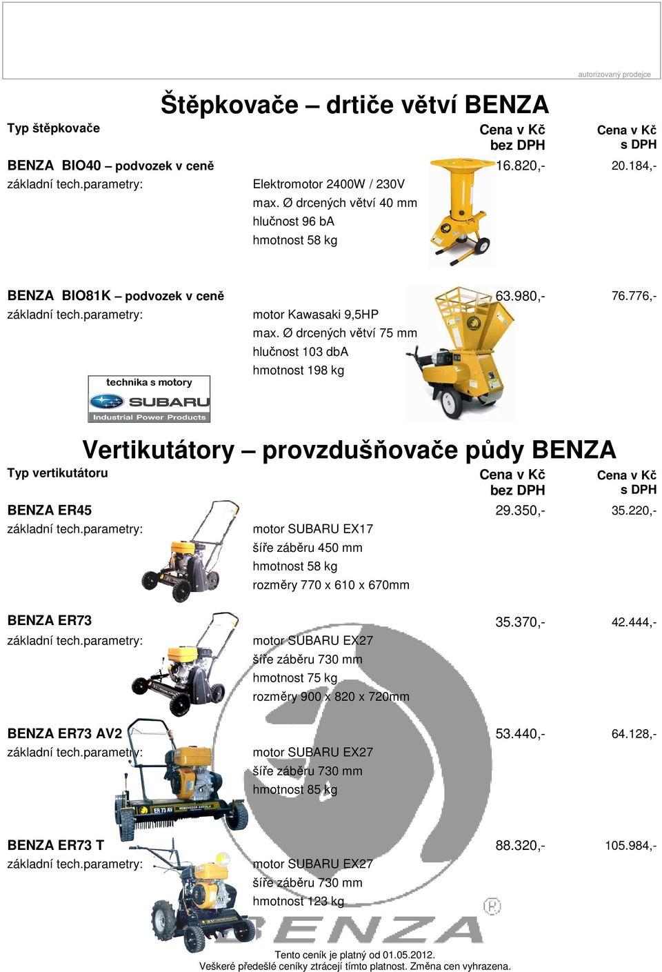 Ø drcených větví 75 mm hlučnost 103 dba hmotnost 198 kg technika s motory Vertikutátory provzdušňovače půdy BENZA Typ vertikutátoru Cena v Kč Cena v Kč BENZA ER45 29.