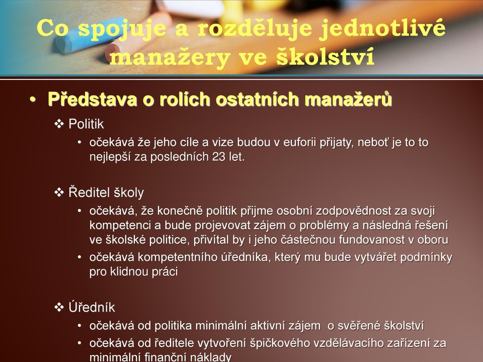 Ředitel školy očekává, že konečně politik přijme osobní zodpovědnost za svoji kompetenci a bude projevovat zájem o problémy a následná řešení ve školské politice,