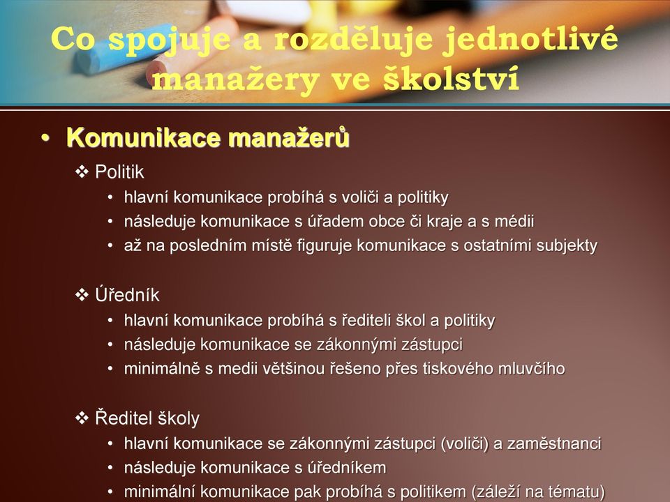 řediteli škol a politiky následuje komunikace se zákonnými zástupci minimálně s medii většinou řešeno přes tiskového mluvčího Ředitel školy