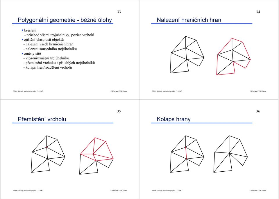 nalezení sousedního trojúhelníku změny sítě - vložení/zrušení trojúhelníku -přemístění