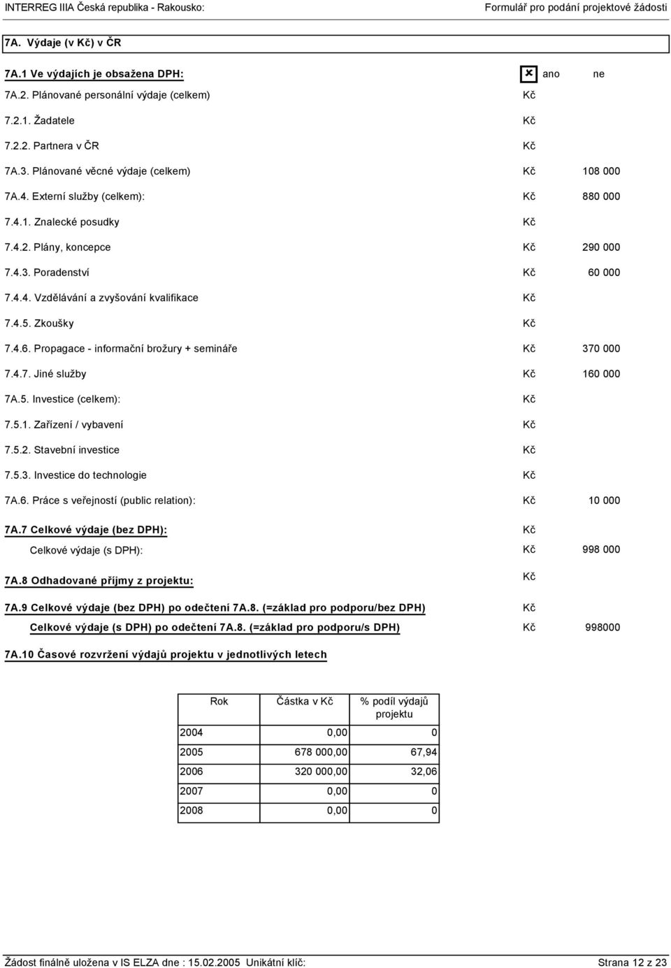 4.7. Jiné služby 16 7A.5. Investice (celkem): 7.5.1. Zařízení / vybavení 7.5.2. Stavební investice 7.5.3. Investice do technologie 7A.6. Práce s veřejností (public relation): 1 7A.