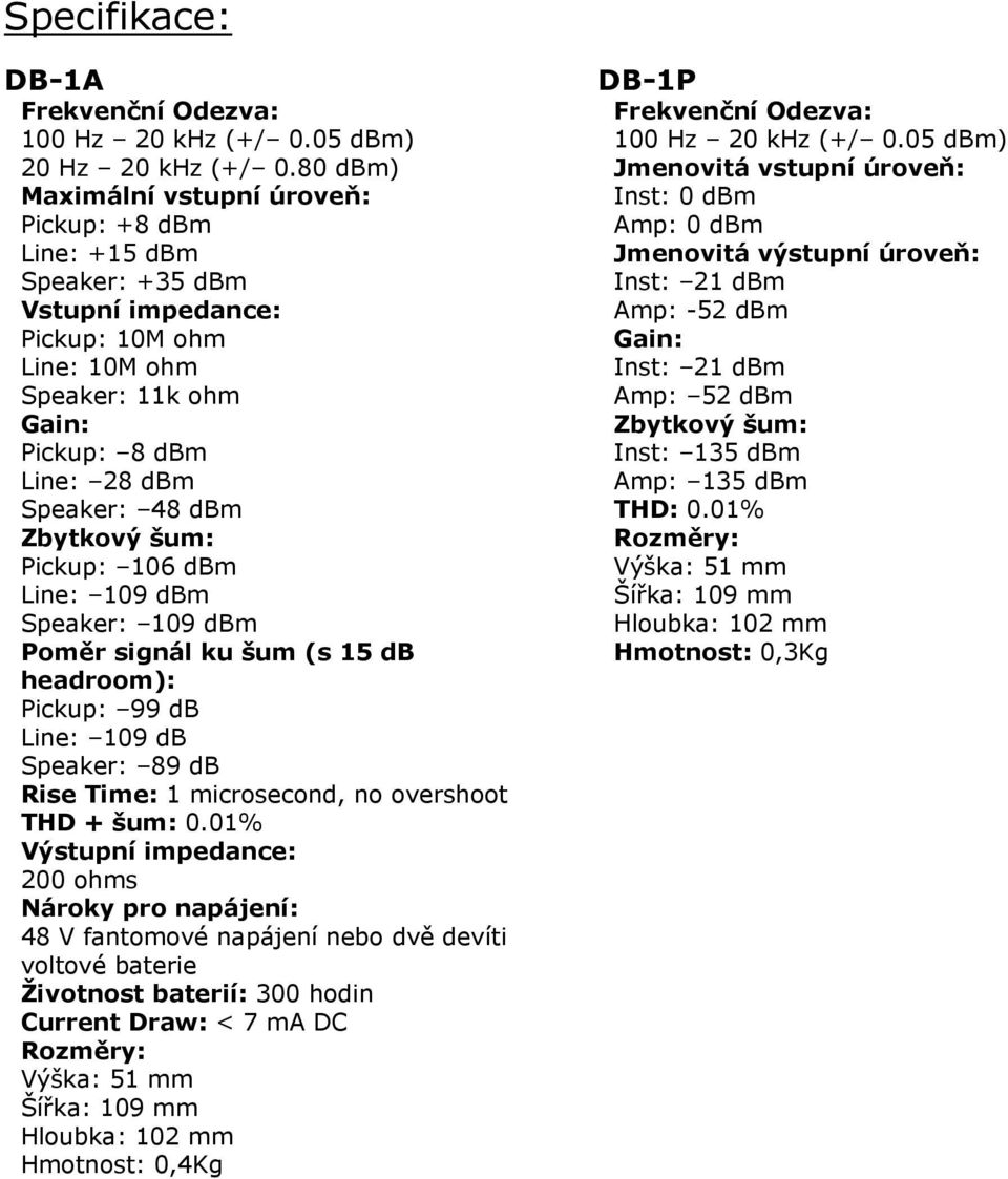 Zbytkový šum: Pickup: 106 dbm Line: 109 dbm Speaker: 109 dbm Poměr signál ku šum (s 15 db headroom): Pickup: 99 db Line: 109 db Speaker: 89 db Rise Time: 1 microsecond, no overshoot THD + šum: 0.