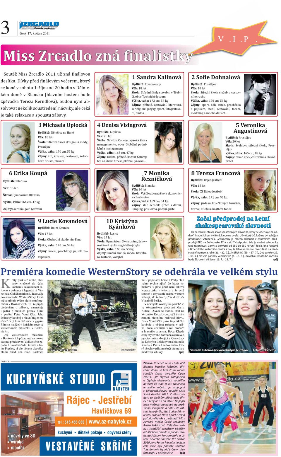6 Erika Koupá Bydliště: Blansko Věk: 15 let Škola: Gymnázium Blansko Výška, váha: 164 cm, 47 kg Zájmy: aerobic, golf, lyžování 3 Michaela Oplocká Bydliště: Němčice na Hané Věk: 18 let Škola: Střední
