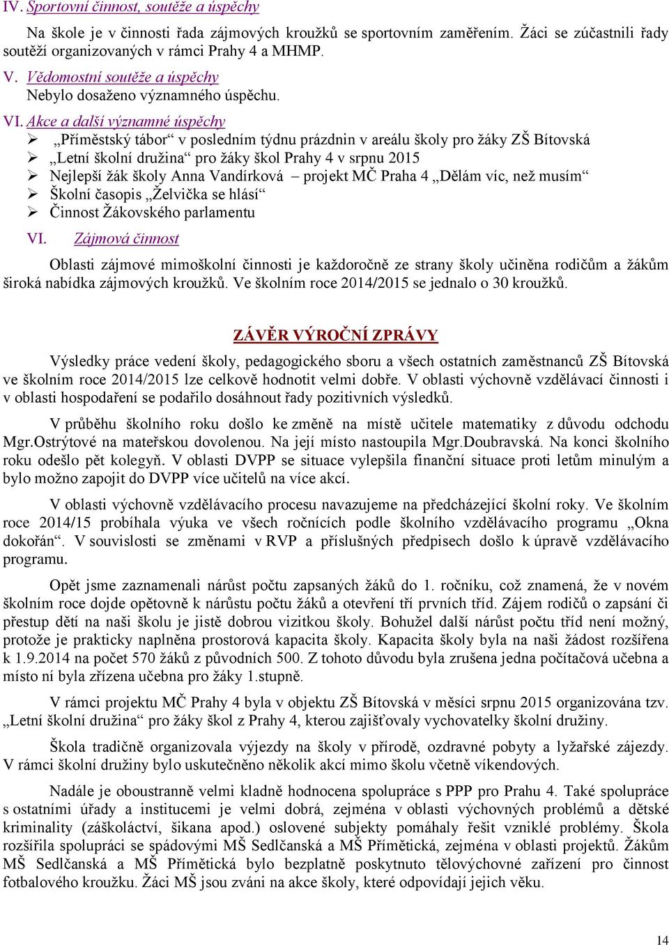 Akce a další významné úspěchy Příměstský tábor v posledním týdnu prázdnin v areálu školy pro žáky ZŠ Bítovská Letní školní družina pro žáky škol Prahy 4 v srpnu 2015 Nejlepší žák školy Anna