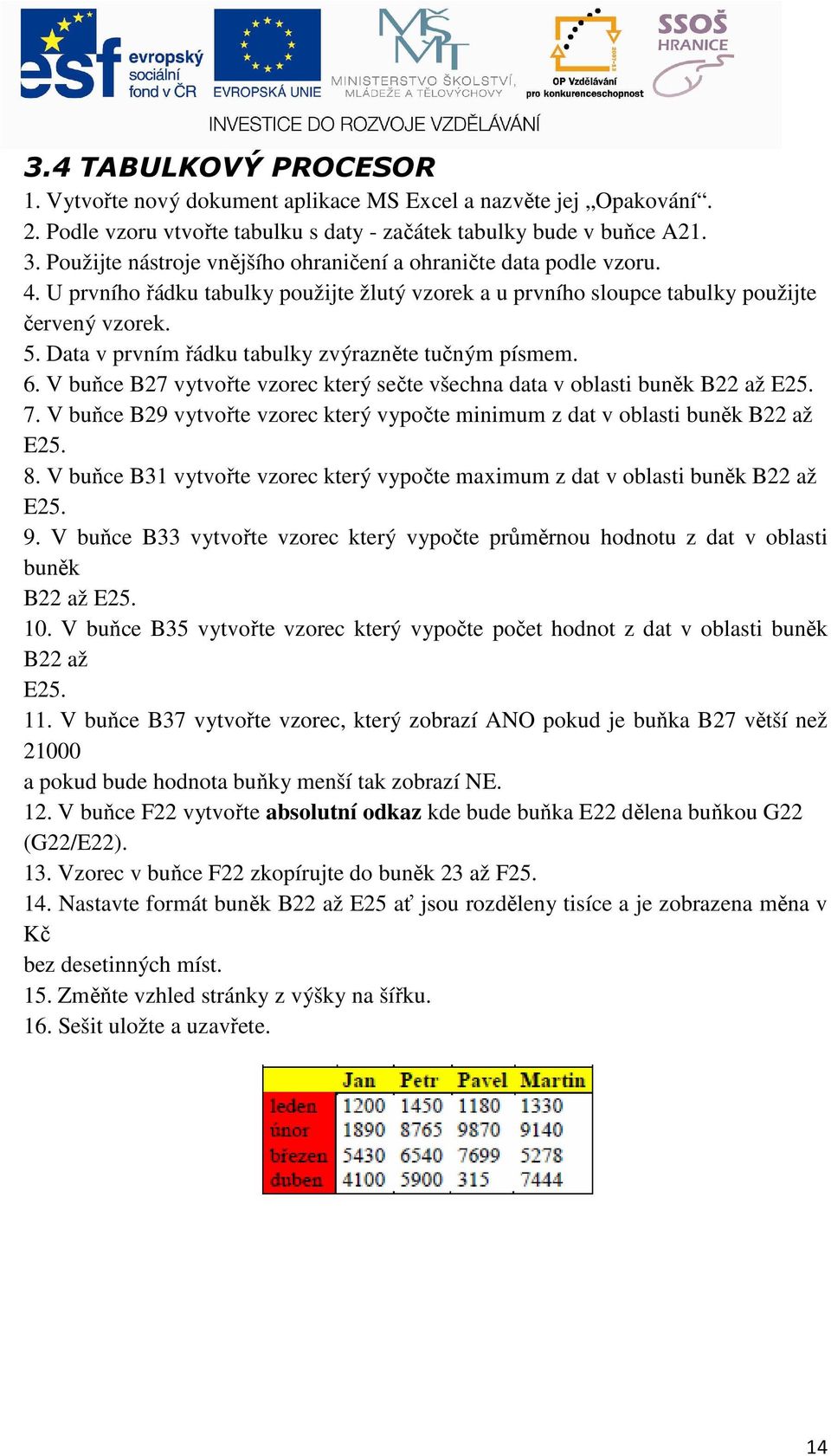 Data v prvním řádku tabulky zvýrazněte tučným písmem. 6. V buňce B27 vytvořte vzorec který sečte všechna data v oblasti buněk B22 až E25. 7.