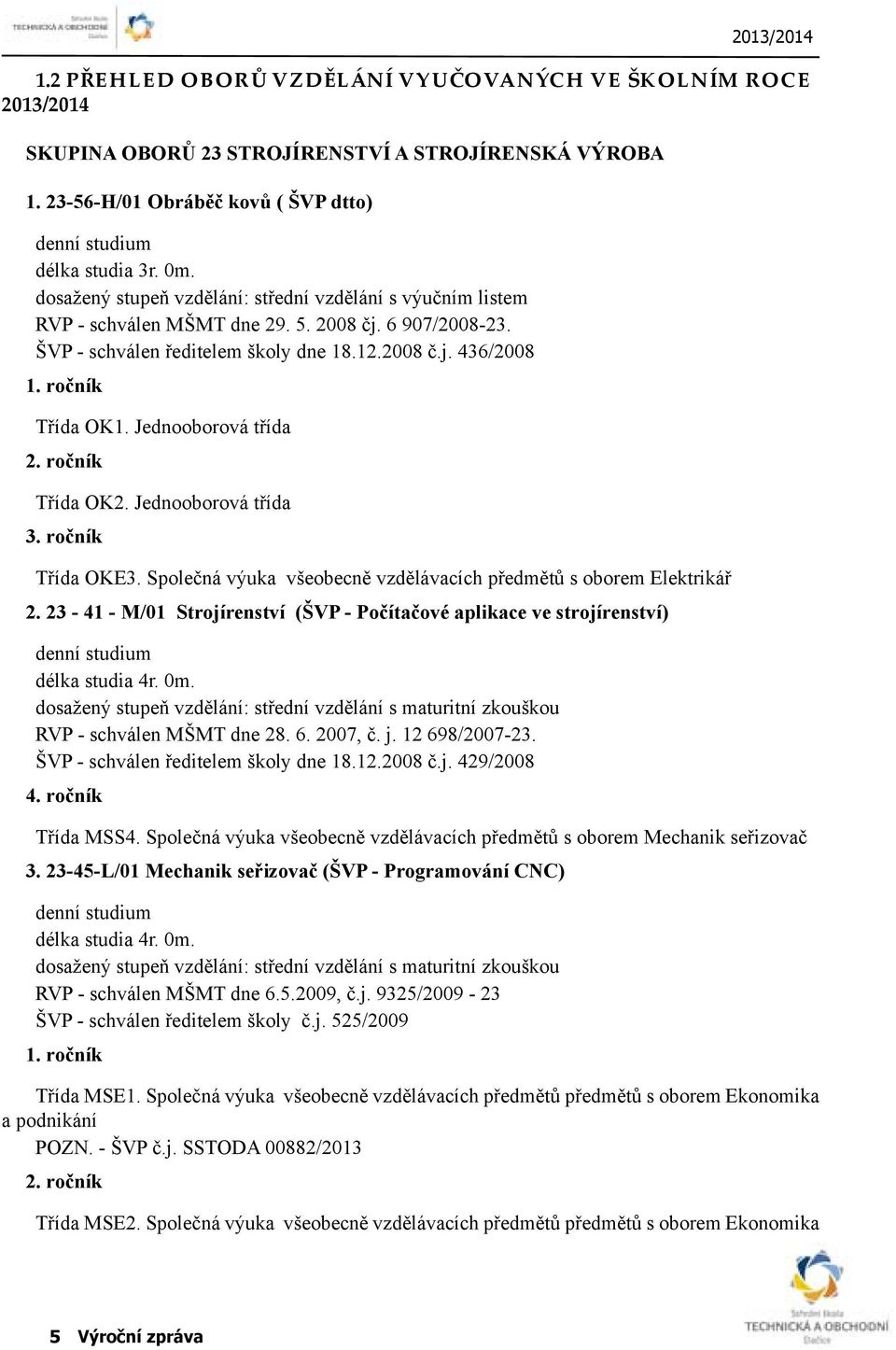 Jednooborová třída 2. ročník Třída OK2. Jednooborová třída 3. ročník Třída OKE3. Společná výuka všeobecně vzdělávacích předmětů s oborem Elektrikář 2.