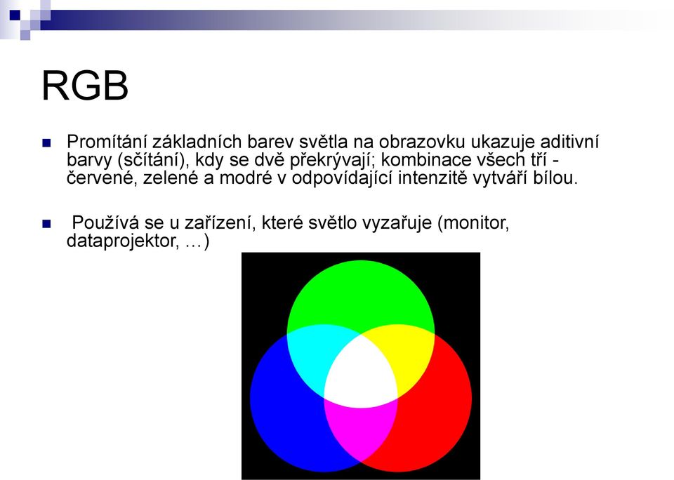 tří - červené, zelené a modré v odpovídající intenzitě vytváří