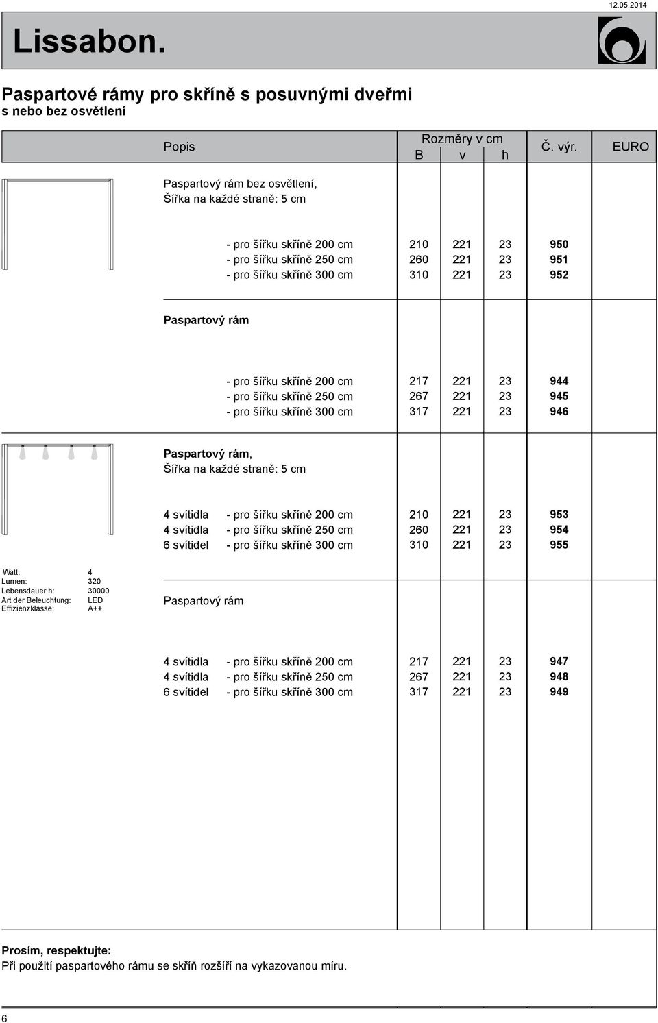 210 2 310 953 954 955 Lumen: Watt: Lebensdauer h: Art der Beleuchtung: Effizienzklasse: 4 320 30000 LED A++ Paspartový rám 4 svítidla