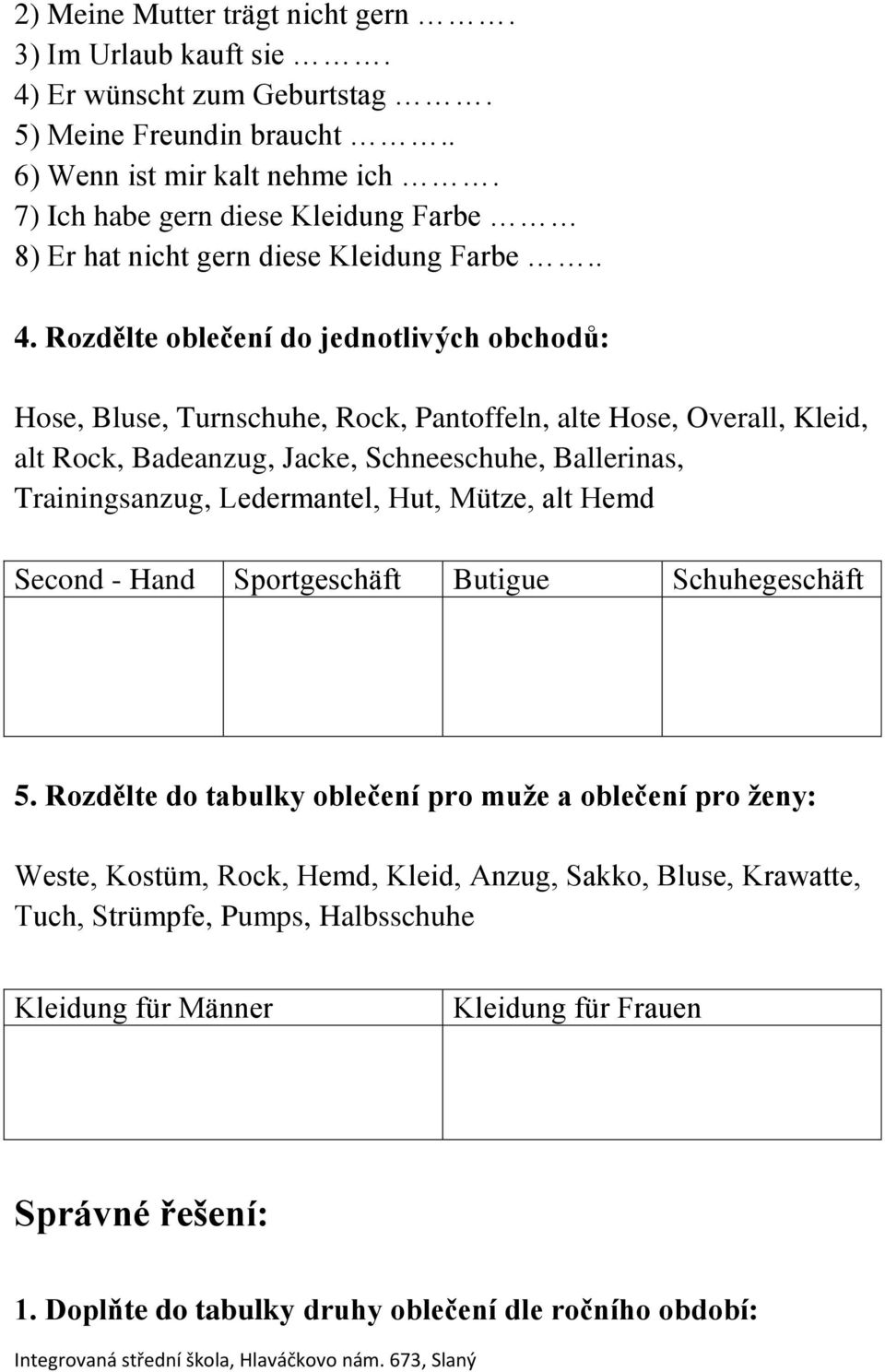 Rozdělte oblečení do jednotlivých obchodů: Hose, Bluse, Turnschuhe, Rock, Pantoffeln, alte Hose, Overall, Kleid, alt Rock, Badeanzug, Jacke, Schneeschuhe, Ballerinas, Trainingsanzug,