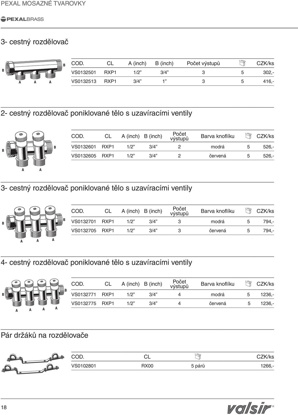 CL (inch) (inch) Počet výstupů arva knoflíku CZK/ks VS0132601 RXP1 1/2 3/4 2 modrá 5 526,- VS0132605 RXP1 1/2 3/4 2 červená 5 526,- 3- cestný rozdělovač poniklované tělo s uzavíracími ventily COD.