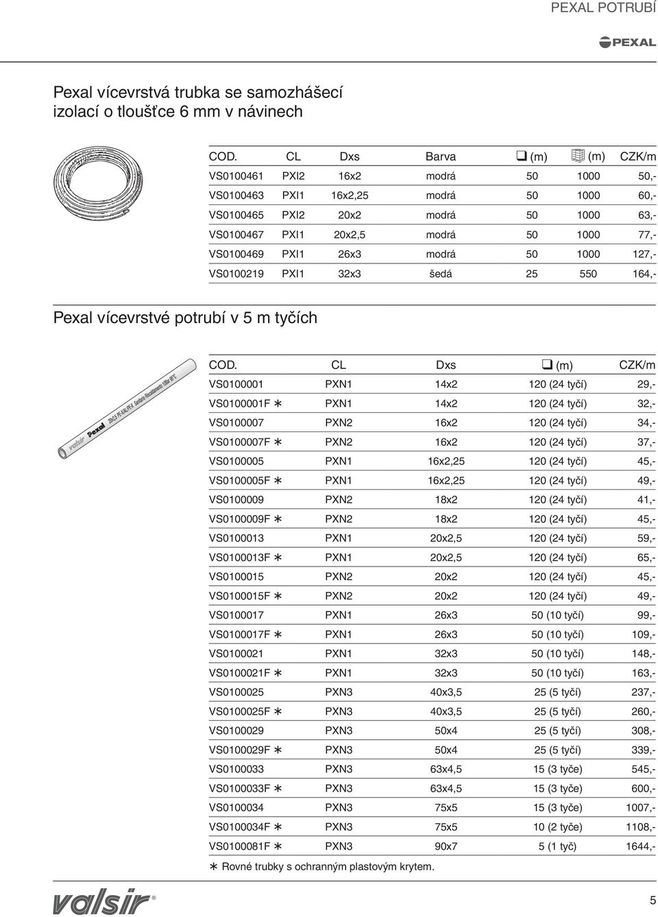 PXI1 26x3 modrá 50 1000 127,- VS0100219 PXI1 32x3 šedá 25 550 164,- Pexal vícevrstvé potrubí v 5 m tyčích COD.