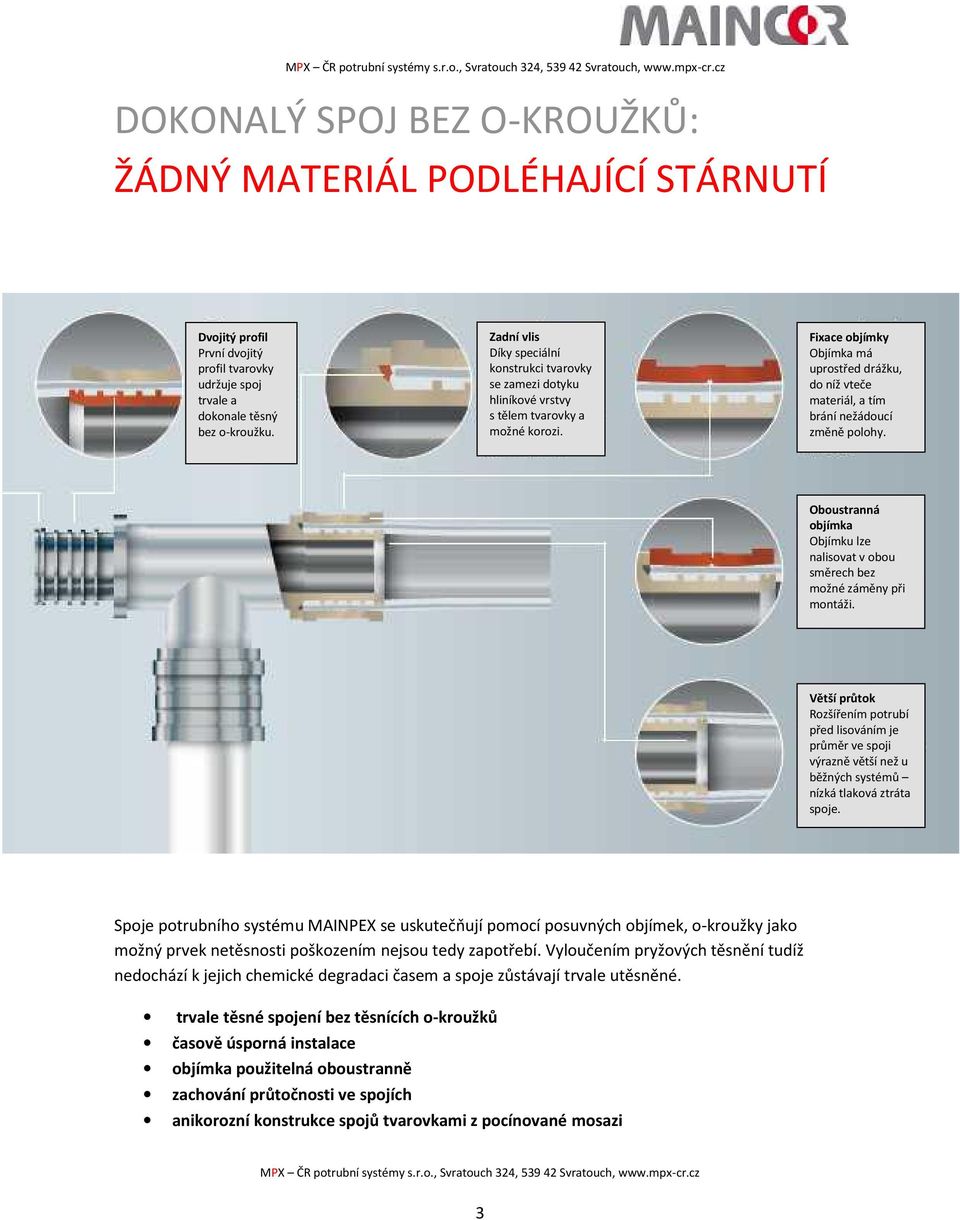 Fixace objímky Objímka má uprostřed drážku, do níž vteče materiál, a tím brání nežádoucí změně polohy. Oboustranná objímka Objímku lze nalisovat v obou směrech bez možné záměny při montáži.