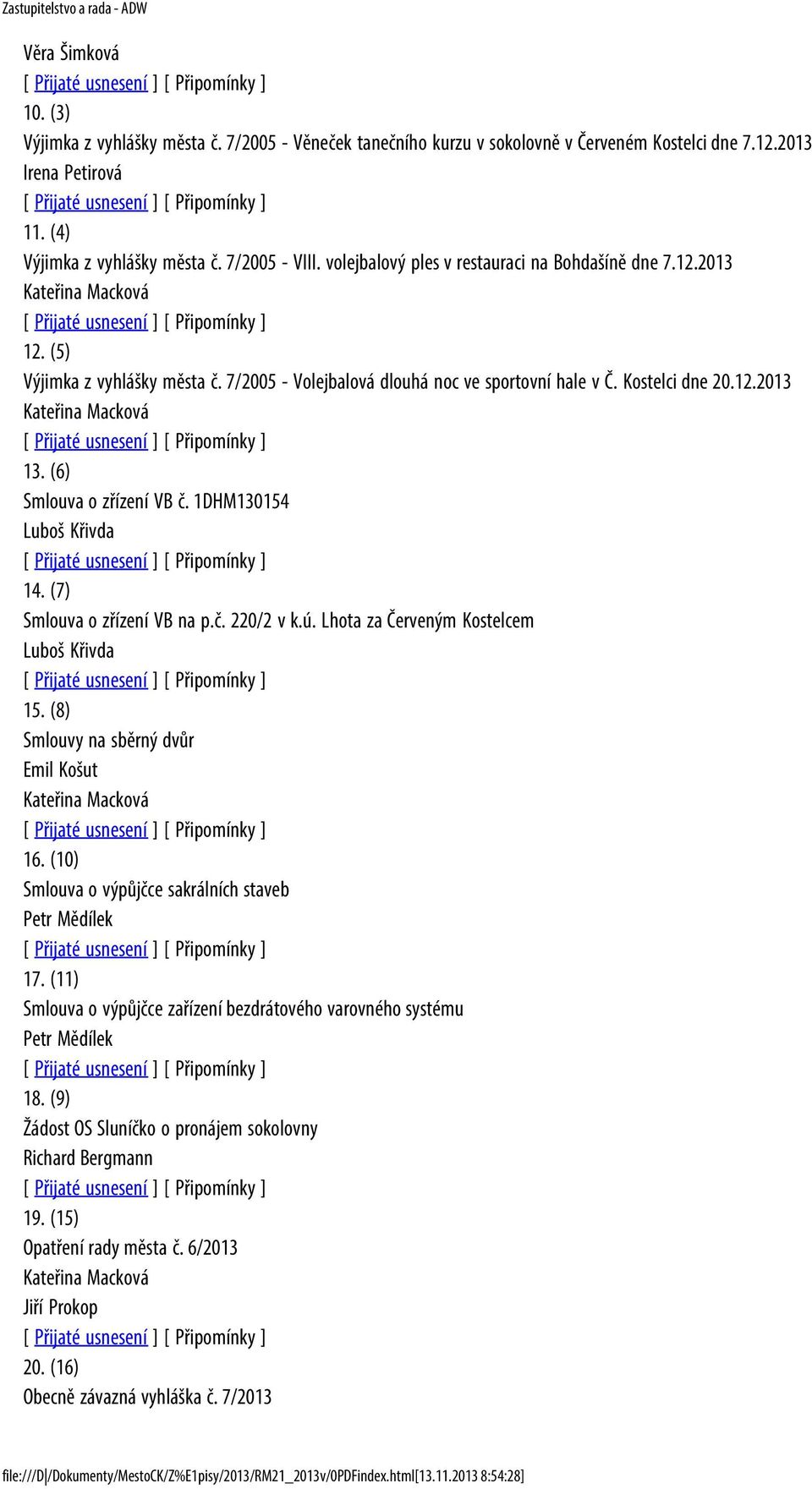 7/2005 - Volejbalová dlouhá noc ve sportovní hale v Č. Kostelci dne 20.12.2013 Kateřina Macková 13. (6) Smlouva o zřízení VB č. 1DHM130154 Luboš Křivda 14. (7) Smlouva o zřízení VB na p.č. 220/2 v k.