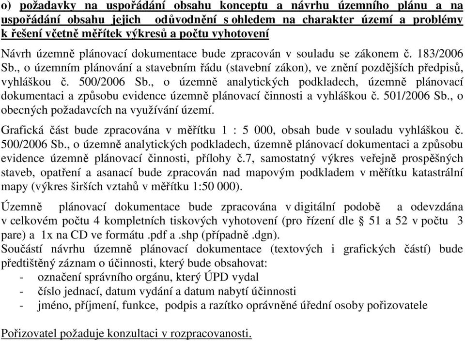 , o územně analytických podkladech, územně plánovací dokumentaci a způsobu evidence územně plánovací činnosti a vyhláškou č. 501/2006 Sb., o obecných požadavcích na využívání území.