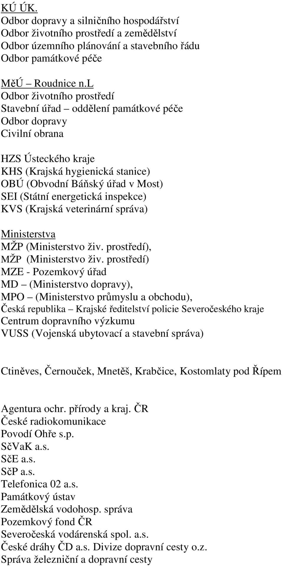 energetická inspekce) KVS (Krajská veterinární správa) Ministerstva MŽP (Ministerstvo živ. prostředí), MŽP (Ministerstvo živ.