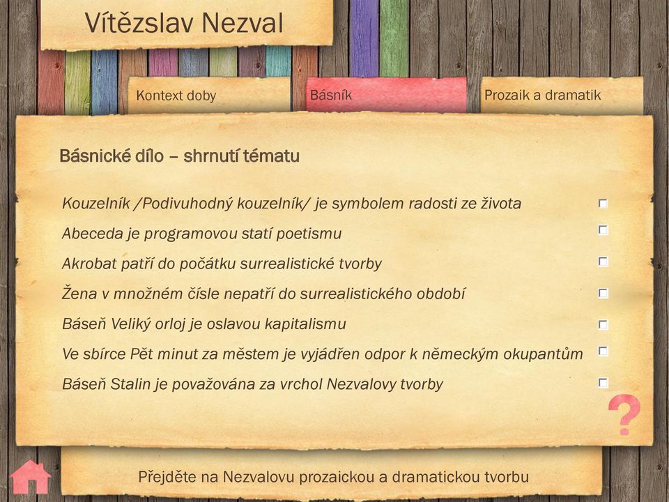 surrealistického období Báseň Veliký orloj je oslavou kapitalismu Ve sbírce Pět minut za městem je vyjádřen