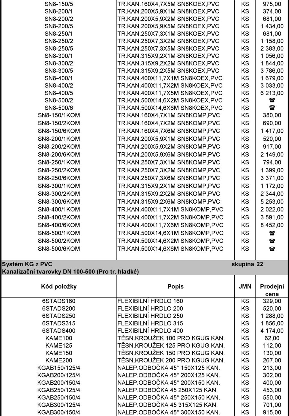 KAN.315X9,2X2M SN8KOEX,PVC KS 1 844,00 SN8-300/5 TR.KAN.315X9,2X5M SN8KOEX,PVC KS 3 786,00 SN8-400/1 TR.KAN.400X11,7X1M SN8KOEX,PVC KS 1 679,00 SN8-400/2 TR.KAN.400X11,7X2M SN8KOEX,PVC KS 3 033,00 SN8-400/5 TR.