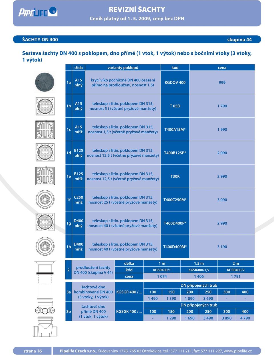 poklopem DN, nosnost 5 t (včetně pryžové manžety) T 05D 1 790 M T05D 1c 395 A15 mříž 140 teleskop s litin.