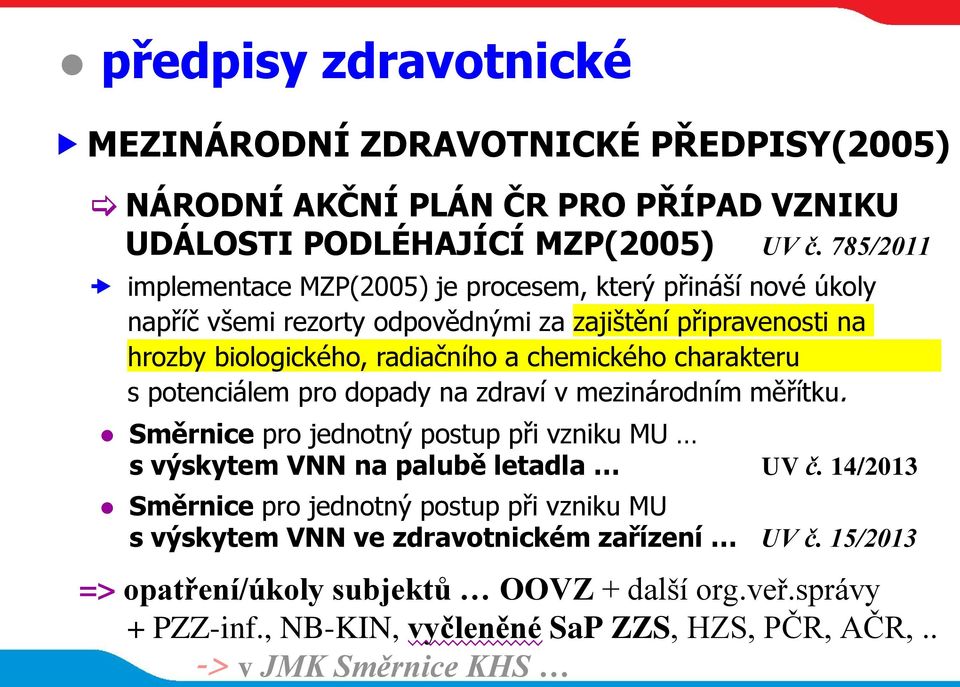 chemického charakteru s potenciálem pro dopady na zdraví v mezinárodním měřítku. Směrnice pro jednotný postup při vzniku MU s výskytem VNN na palubě letadla UV č.