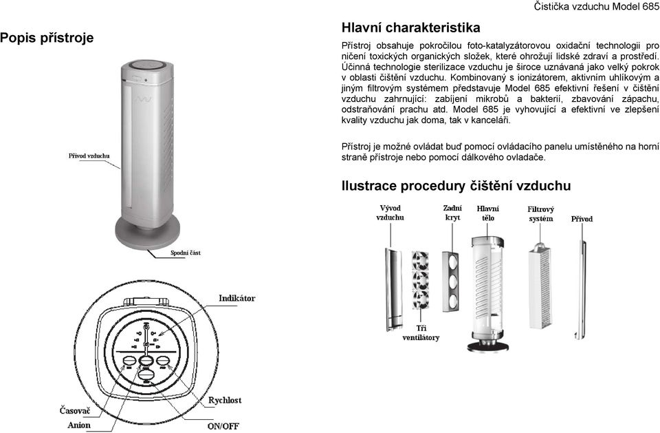 Kombinovaný s ionizátorem, aktivním uhlíkovým a jiným filtrovým systémem představuje Model 685 efektivní řešení v čištění vzduchu zahrnující: zabíjení mikrobů a bakterií, zbavování zápachu,