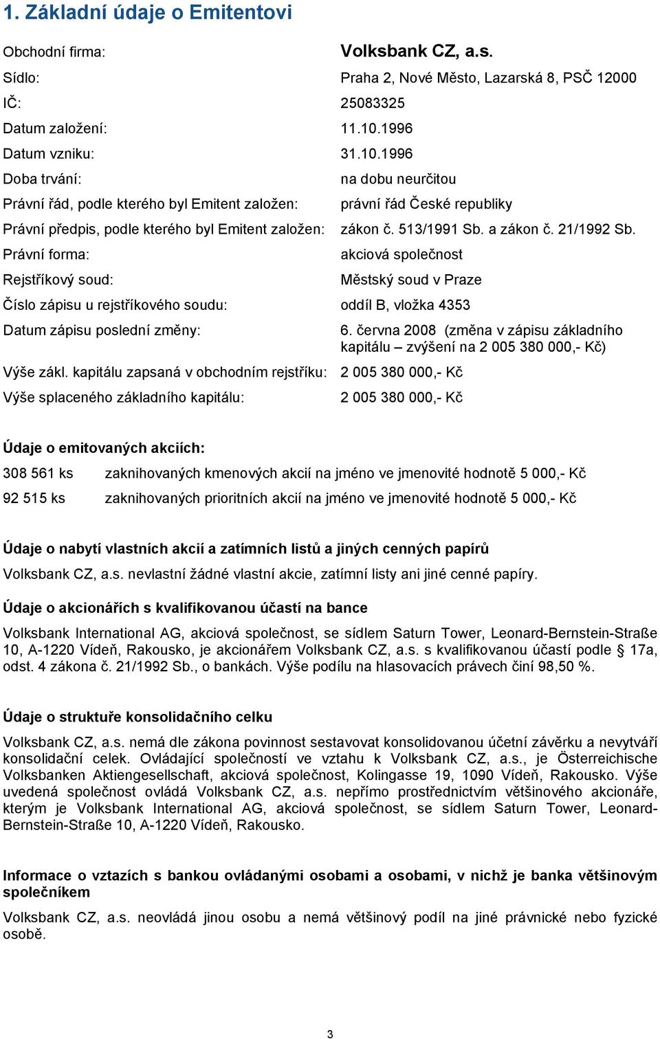 513/1991 Sb. a zákon č. 21/1992 Sb. Právní forma: akciová společnost Rejstříkový soud: Městský soud v Praze Číslo zápisu u rejstříkového soudu: oddíl B, vložka 4353 Datum zápisu poslední změny: 6.