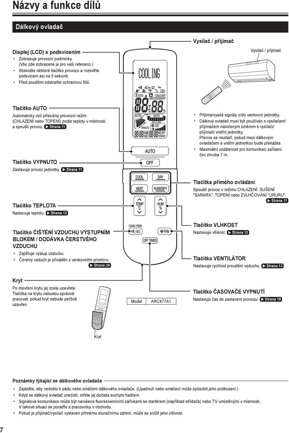 Vysílač / přijímač Tlačítko AUTO Automaticky volí příslušný provozní režim (CHLAZENÍ nebo TOPENÍ) podle teploty v místnosti a spouští provoz. Strana 11 Tlačítko VYPNUTO Zastavuje provoz jednotky.