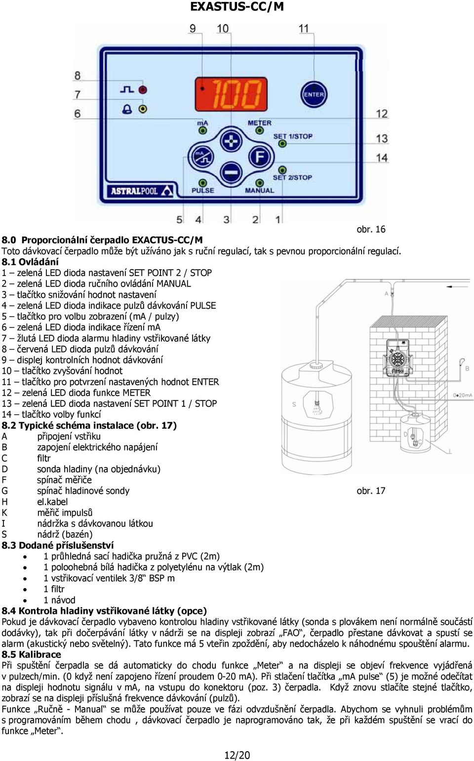 1 Ovládání 1 zelená LED dioda nastavení SET POINT 2 / STOP 2 zelená LED dioda ručního ovládání MANUAL 3 tlačítko snižování hodnot nastavení 4 zelená LED dioda indikace pulzů dávkování PULSE 5