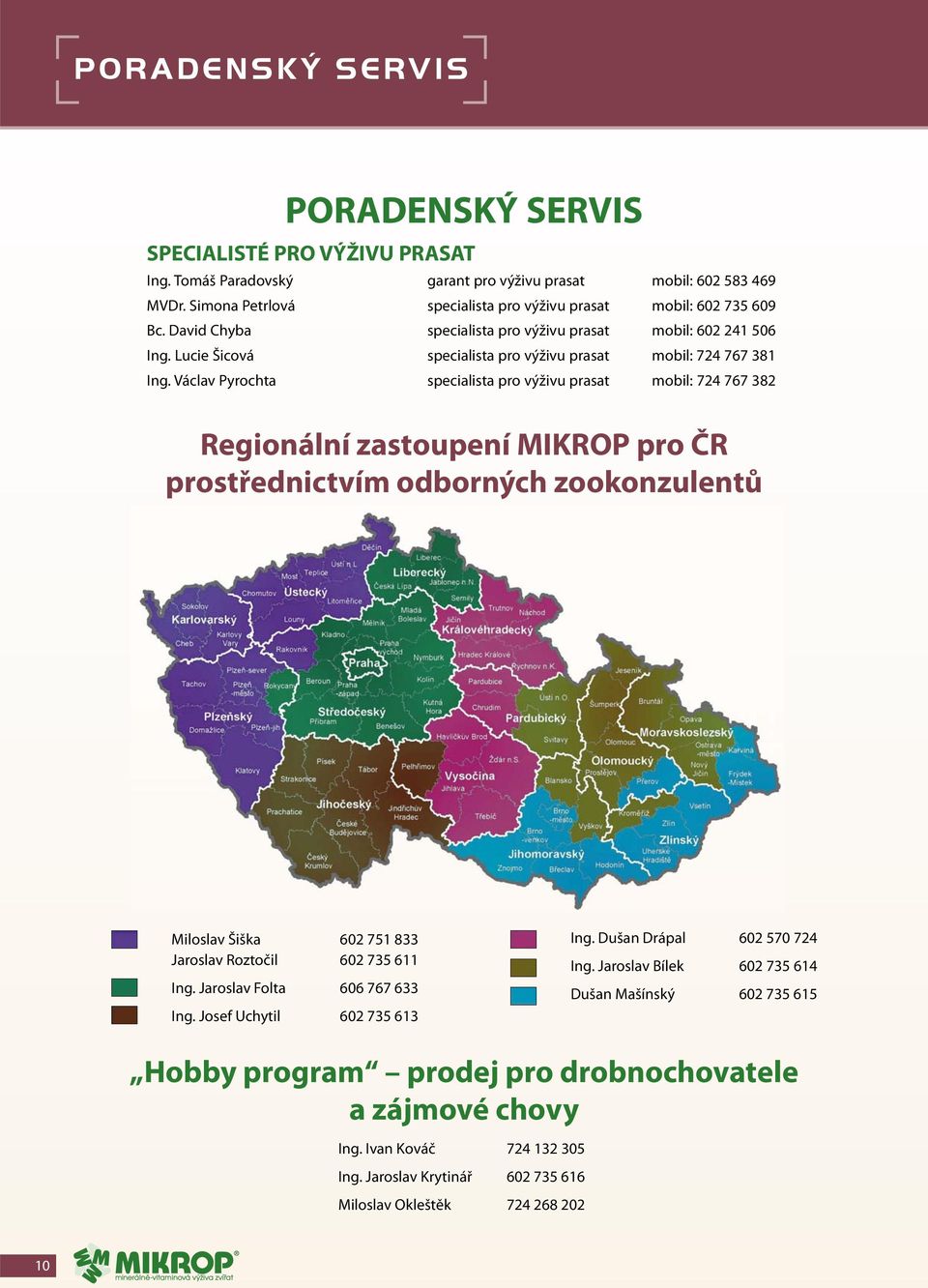 Václav Pyrochta specialista pro výživu prasat mobil: 724 767 382 Reionální zastoupení MIKROP pro ČR prostřednictvím odborných zookonzulentů Miloslav Šiška 602 751 833 Jaroslav Roztočil 602 735 611 In.