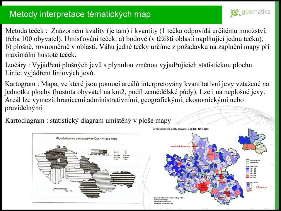 Izočáry : Vyjádření plošných jevů s plynulou změnou vyjadřujících statistickou plochu. Linie: vyjádření liniových jevů.