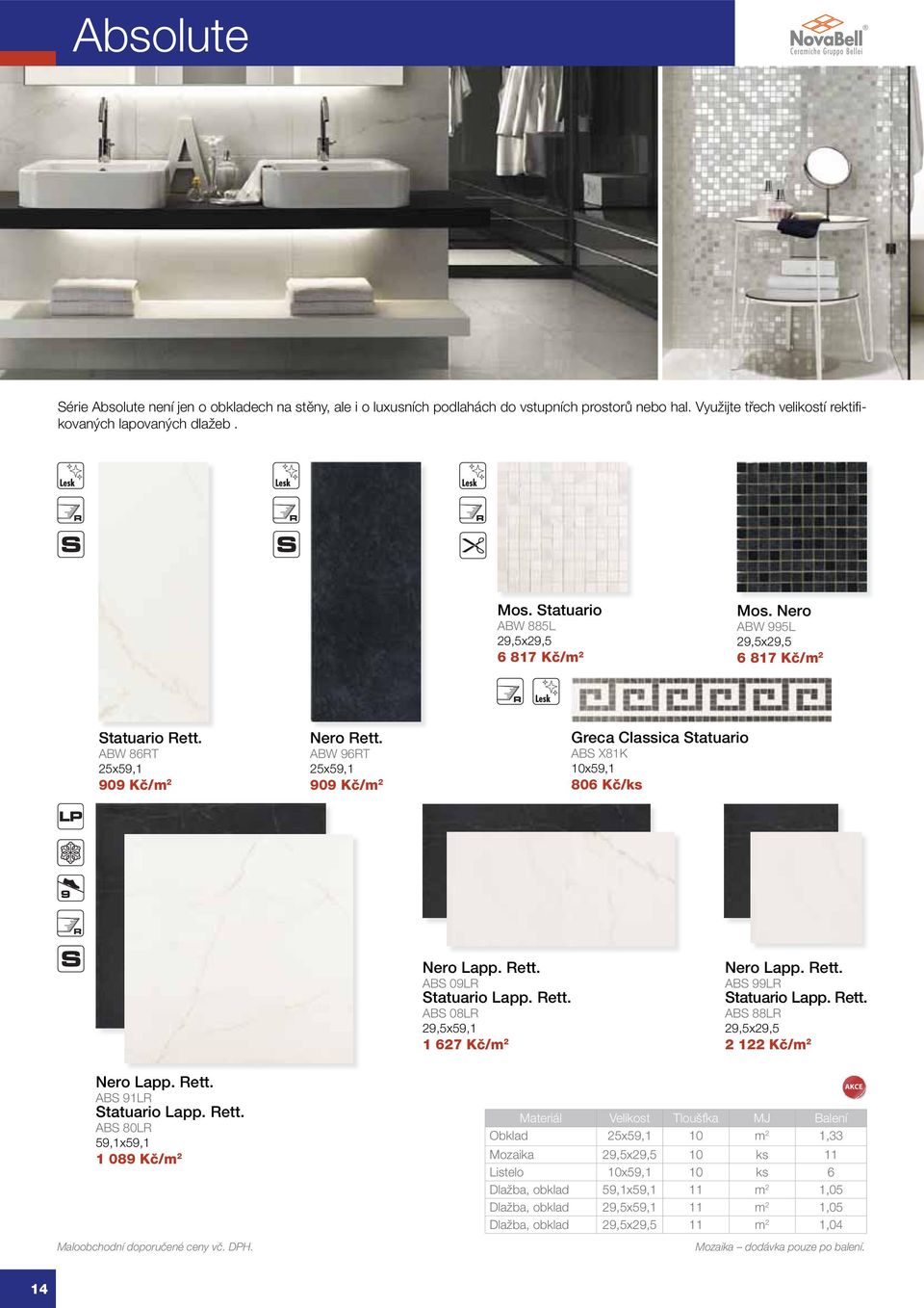 ABW 96RT 25x59,1 909 Kč/m 2 Greca Classica Statuario ABS X81K 10x59,1 806 Kč/ks Nero Lapp. Rett. ABS 09LR Statuario Lapp. Rett. ABS 08LR 29,5x59,1 1 627 Kč/m 2 Nero Lapp. Rett. ABS 99LR Statuario Lapp.