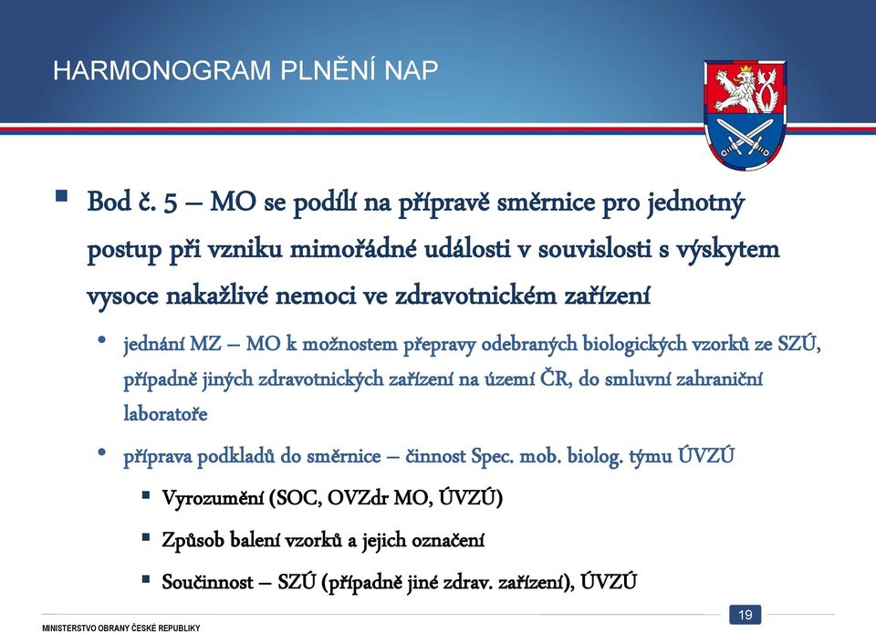 ve zdravotnickém zařízení jednání MZ MO k možnostem přepravy odebraných biologických vzorků ze SZÚ, případně jiných zdravotnických