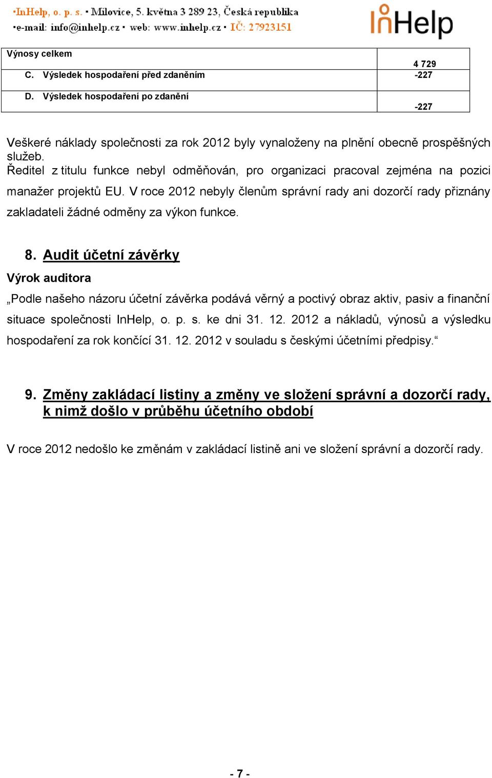 V roce 2012 nebyly členům správní rady ani dozorčí rady přiznány zakladateli žádné odměny za výkon funkce. 8.