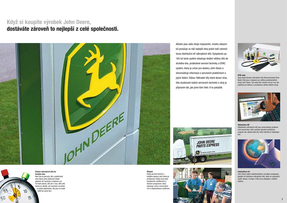 Vylepšován po 165 let tento systém obsahuje dodání většiny dílů do druhého dne, proškolené servisní techniky a DTAC systém, který je určen pro dealery John Deere a shromažďuje informace o servisních