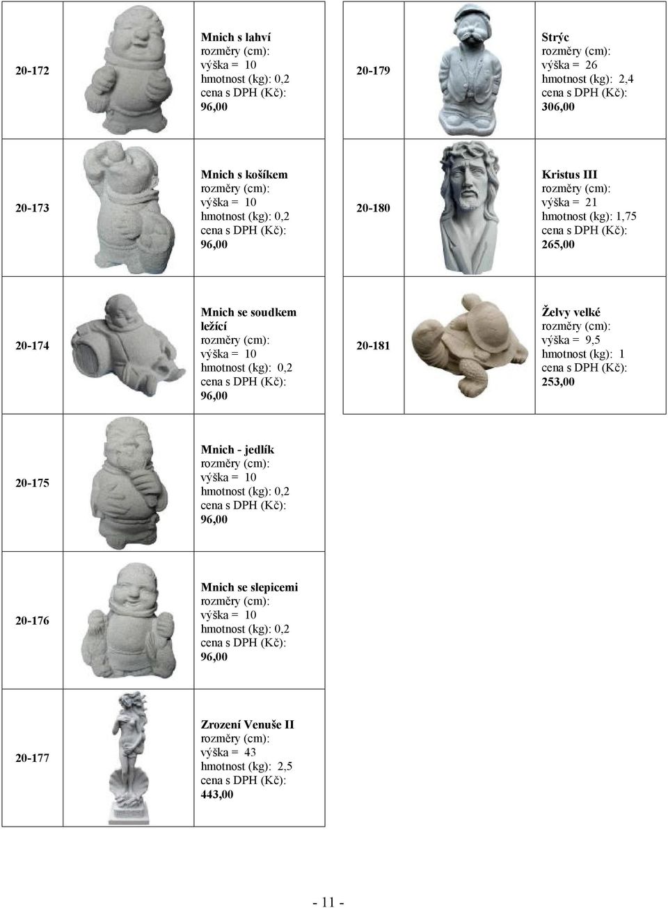 10 hmotnost (kg): 0,2 20-181 Želvy velké výška = 9,5 hmotnost (kg): 1 253,00 20-175 Mnich - jedlík výška = 10 hmotnost (kg):