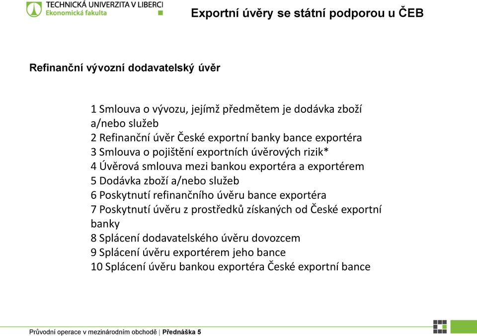 a exportérem 5 Dodávka zboží a/nebo služeb 6 Poskytnutí refinančního úvěru bance exportéra 7 Poskytnutí úvěru z prostředků získaných od České