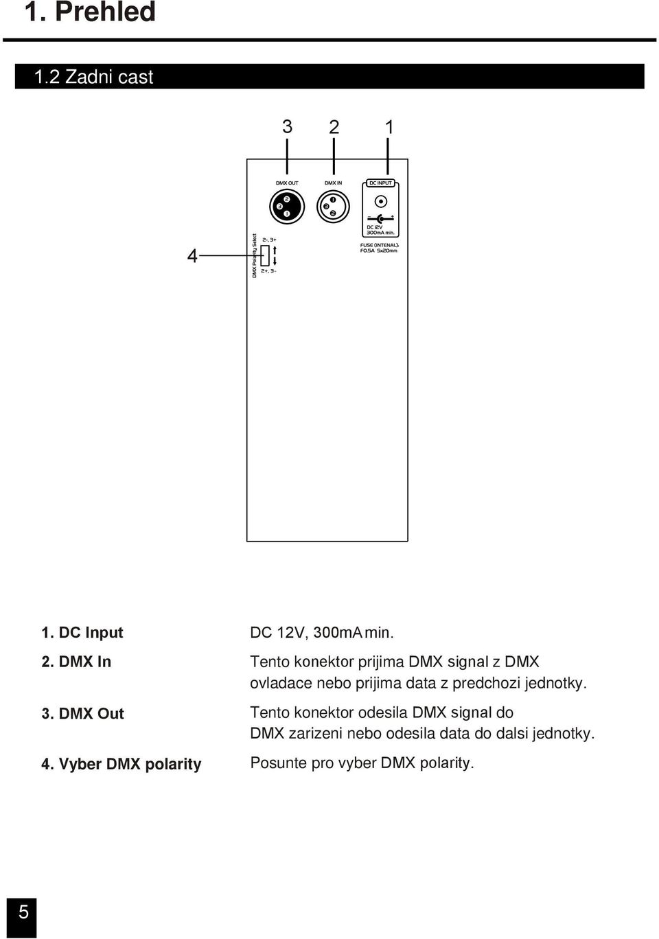 Tento konektor prijima DMX signal z DMX ovladace nebo prijima data z